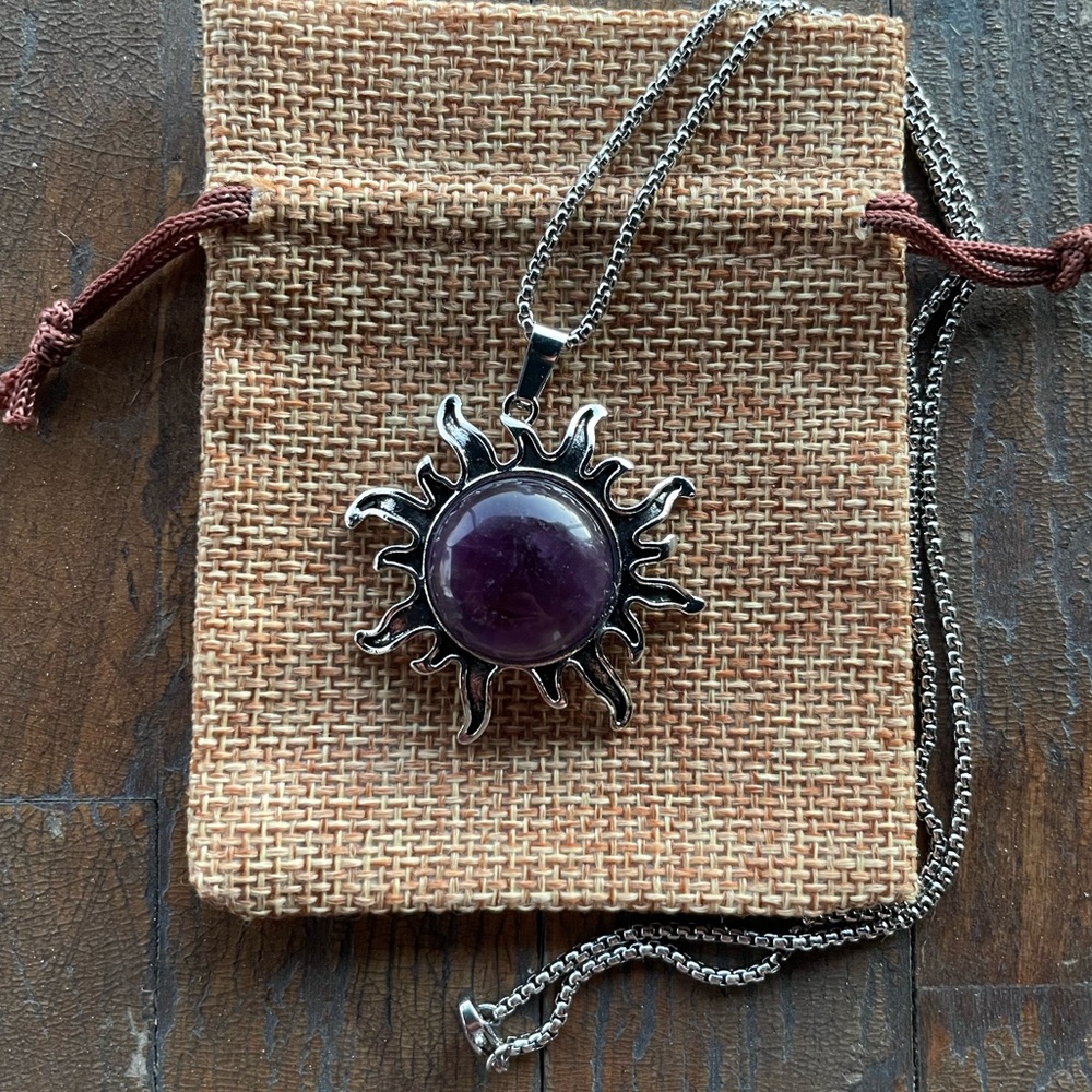 Amethyst Sun Shaped Pendant Amethyst Necklace Boho Crystal Necklace